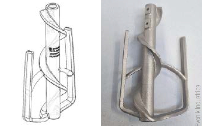 Abb. 4: 3D-gedrucktes Sonderrührorgan, rechts: 3D-Modell, links: gedrucktes...