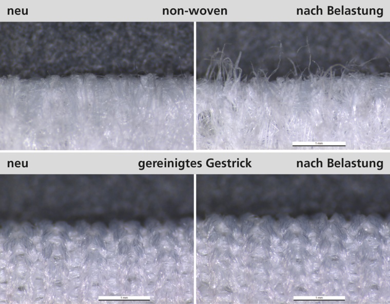 Mikroskopische Aufnahmen non-woven vs. gereinigtes Gestrick vor und nach...