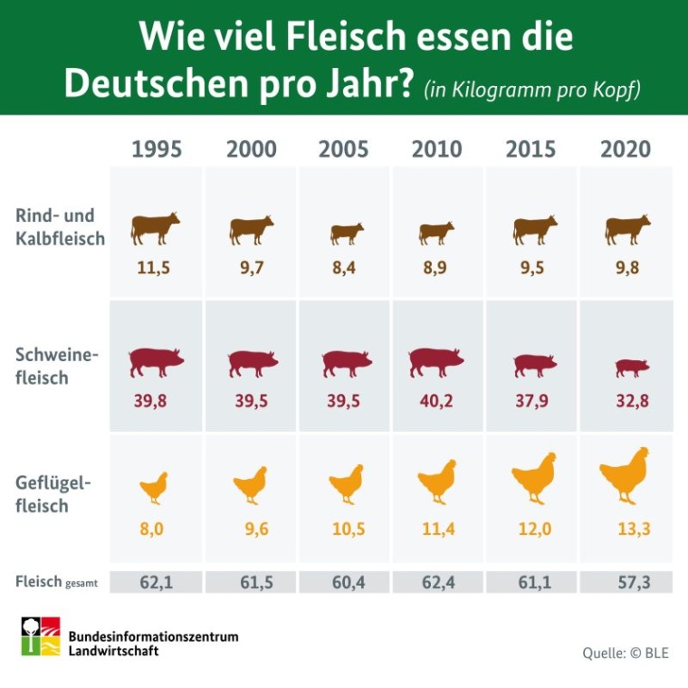 Abb.: Entwicklung des Pro-Kopf-Fleischverzehrs in Deutschland zwischen 1995 und...