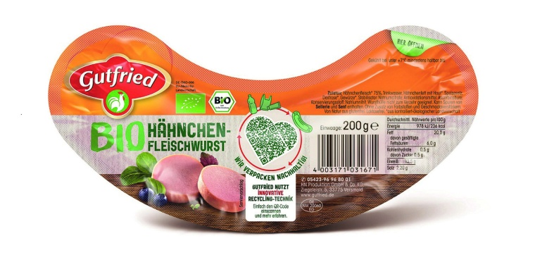 Abb.: Gutfried Bio-Hähnchen-Fleischwurst in einer innovativen Verpackung auf...