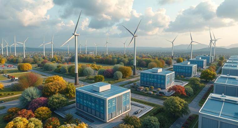 Windpark mit Energiespeichern (mit DeepAI generiertes Symbolbild, Frenzel/PTB)