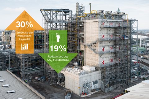 Blick auf den neuen Teil der SCF‑Anlage in Ludwigshafen während der finalen Umbauphase: Produktion von Säurechloriden und Chlorformiaten (SCF) mit Strom aus erneuerbaren Energien reduziert den Product Carbon Footprint um durchschnittlich 19%.